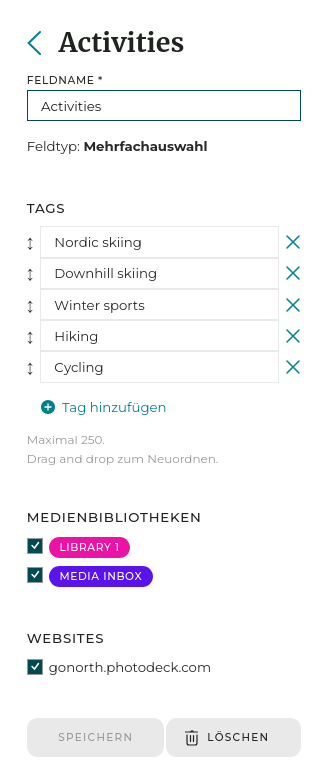 Über benutzerdefinierte Felder können Sie Tags vordefinieren, die dann auf Ihre Dateien angewendet werden können.