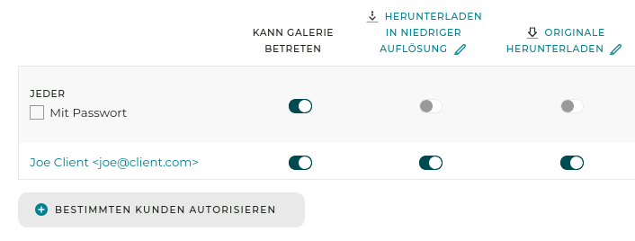 Der Zugang zur Galerie kann durch ein einfaches Passwort oder durch Login geschützt werden.