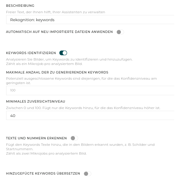PhotoDeck bietet Ihnen eine umfassende Kontrolle über die Einstellungen für die KI-Analyse.