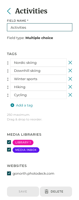 Custom fields let you pre-define tags that can be then applied to your files