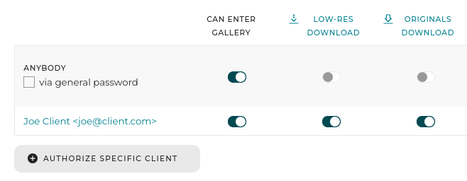 Galleries authorizations table basic