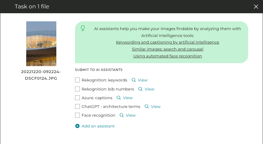 Have images analyzed by AI assistants on demand in a matter of seconds, or have images automatically analyzed on upload.