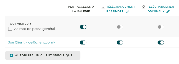 L’accès aux galeries peut être protégé par un simple mot de passe ou par un login.